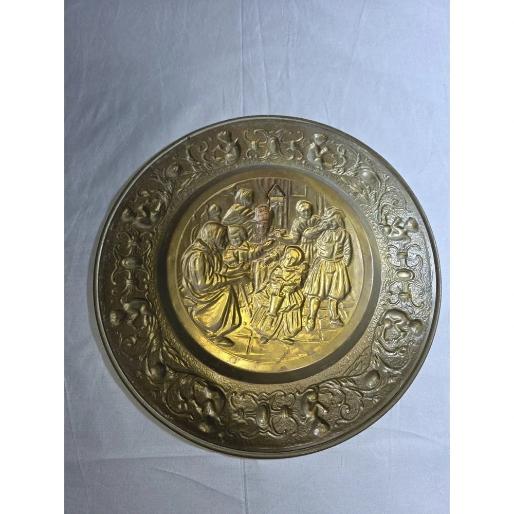 Vintage Brass Repousse Wall Plates Pair Dutch Genre Scenes Ornate Decorative